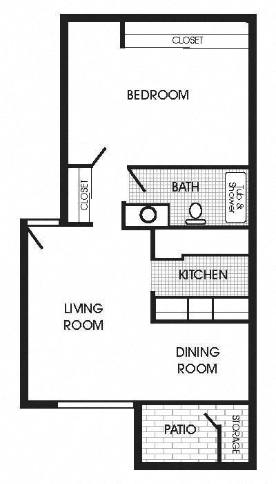 Floor plan for 1 bed, 1 bath, 646 sqft